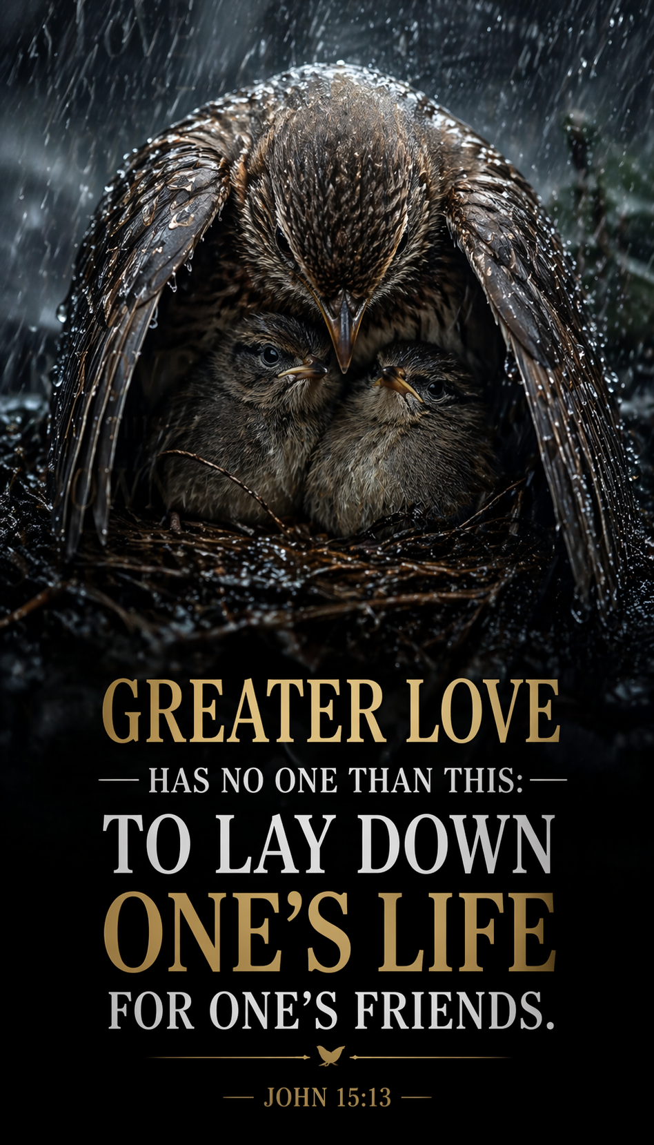 John 15:13 vertical wallpaper mother bird sheltering chicks in rainstorm soaked feathers dry babies sacrificial love nature